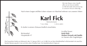 Traueranzeige von Karl Fick von Pegnitz-Zeitung